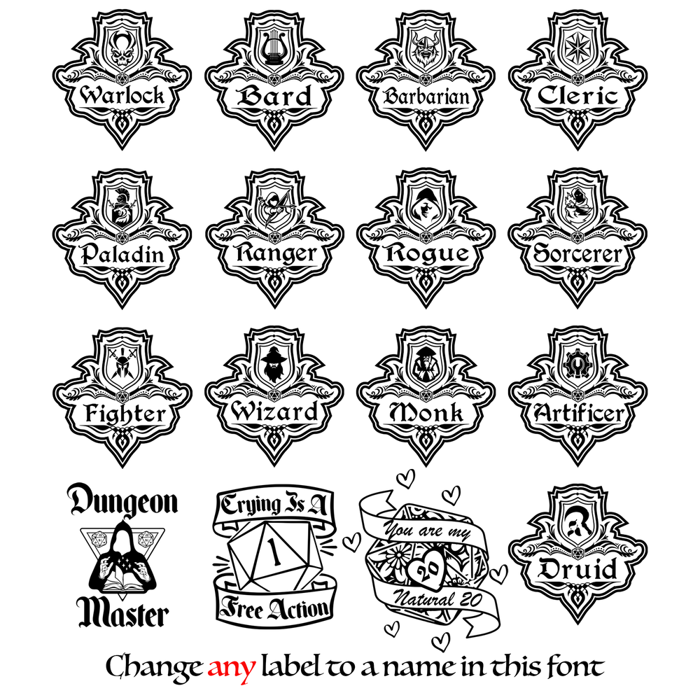 This image displays a collection of hexagonal shields featuring Dungeons & Dragons character classes like Warlock, Paladin, and Druid, alongside phrases referencing game mechanics.