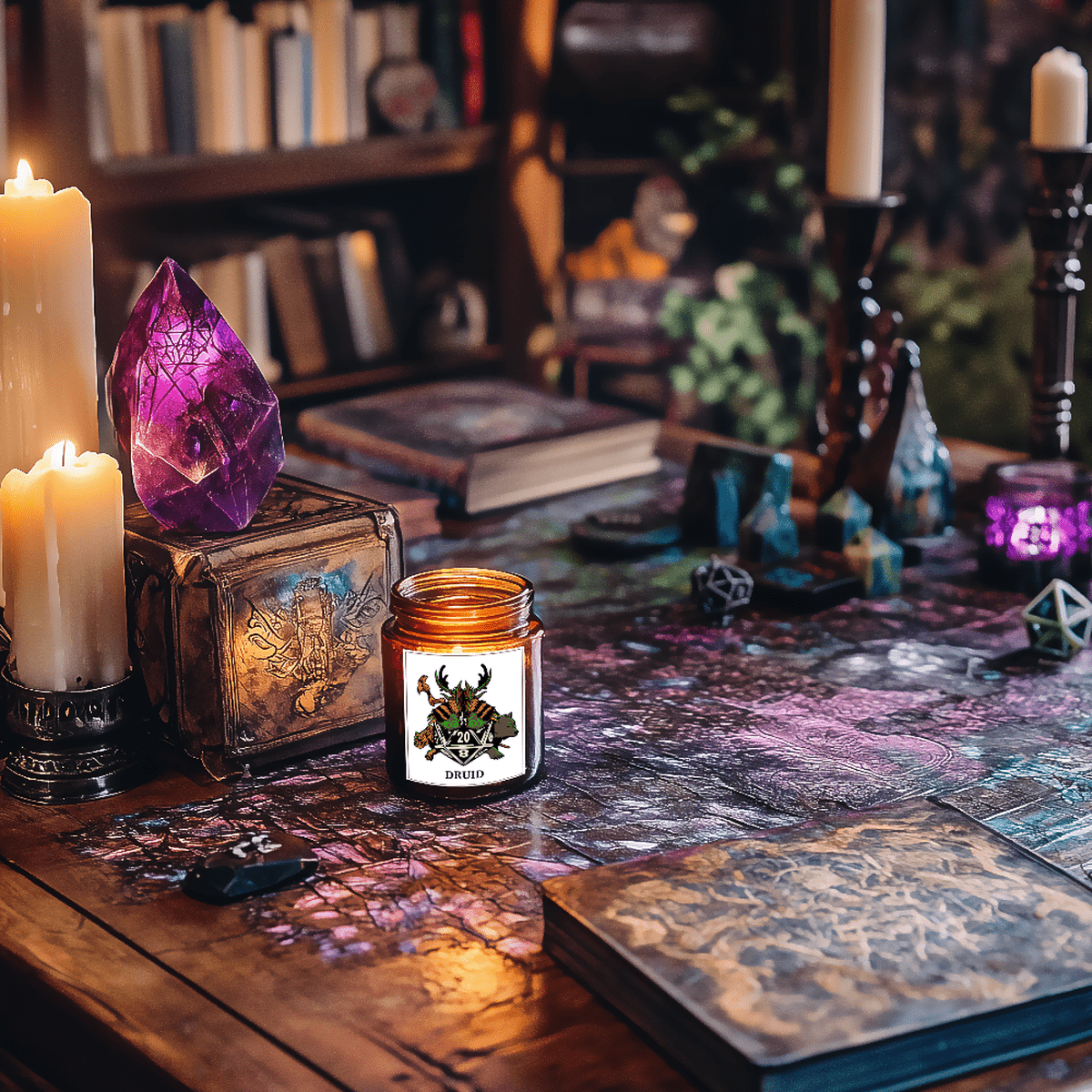 A DnD scented candle labeled "Druid" sits on a tabletop surrounded by books, crystals, and dice, evoking a tabletop RPG setting.