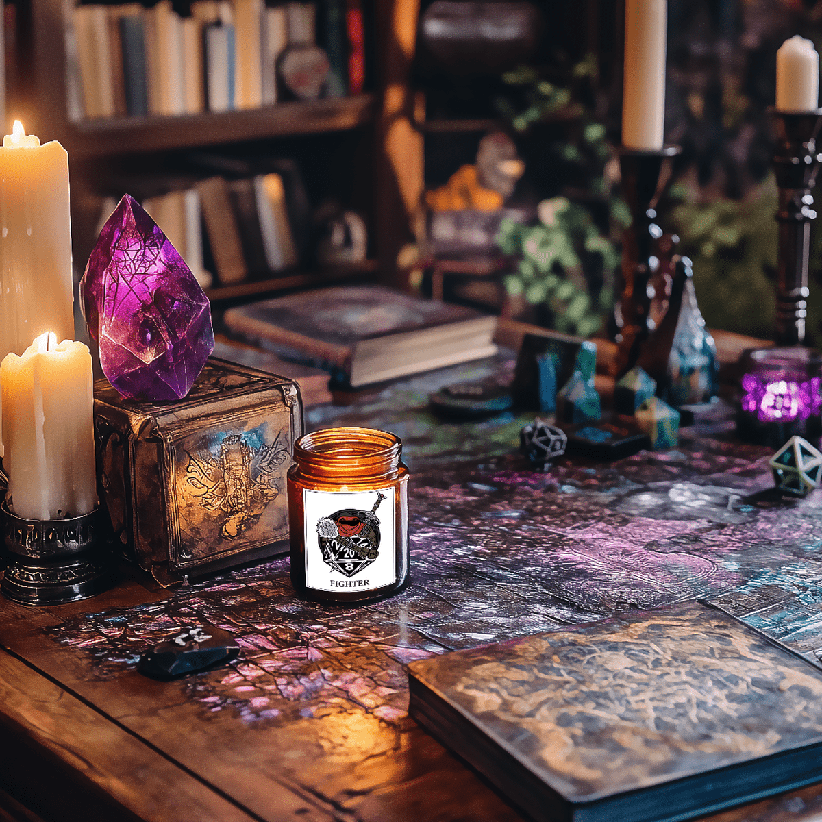 A DnD scented candle labeled "Fighter" sits on a wooden tabletop surrounded by dice, books, crystals, and lit candles, evoking a tabletop RPG atmosphere.