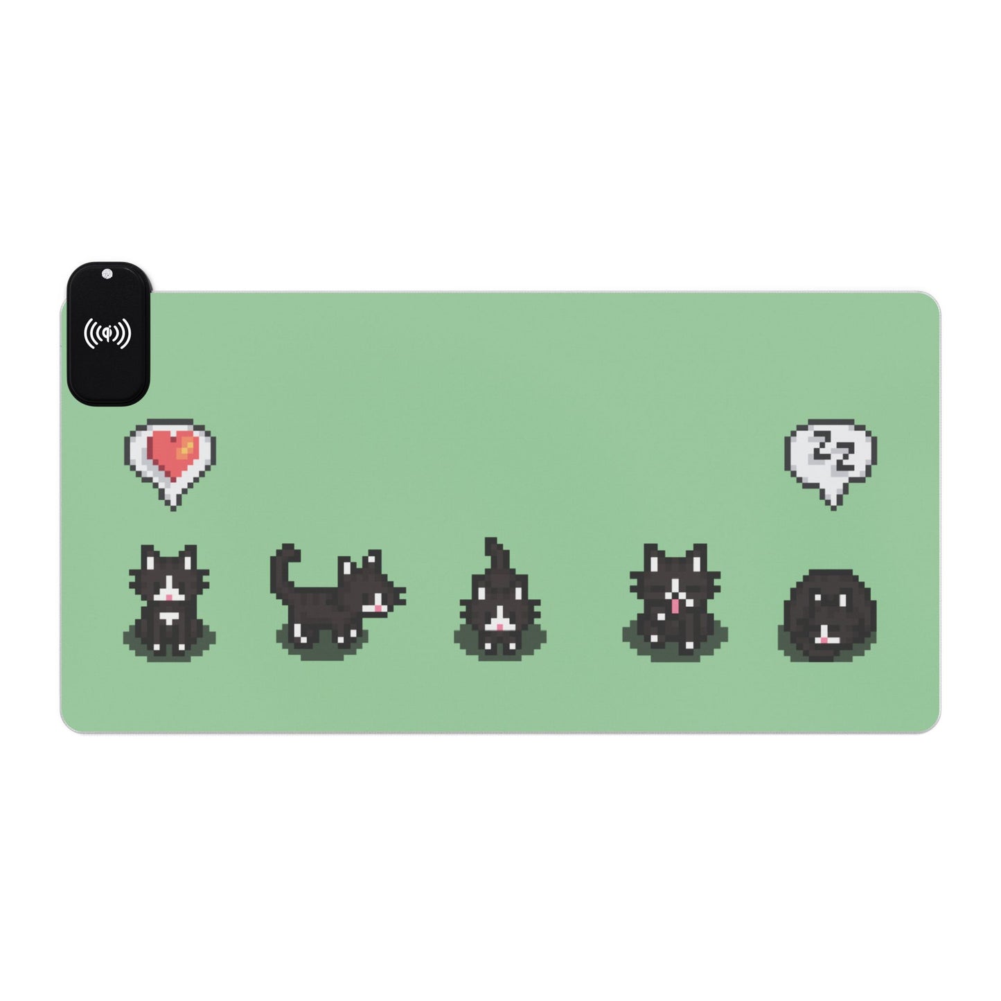 A light green gaming desk mat featuring pixelated tuxedo cats from Stardew Valley in various poses with a heart and sleeping bubble icon.