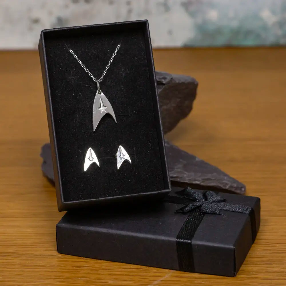 Sterling Silver Star Trek Command Delta Pendant & Earrings Set - Trekkie Gift