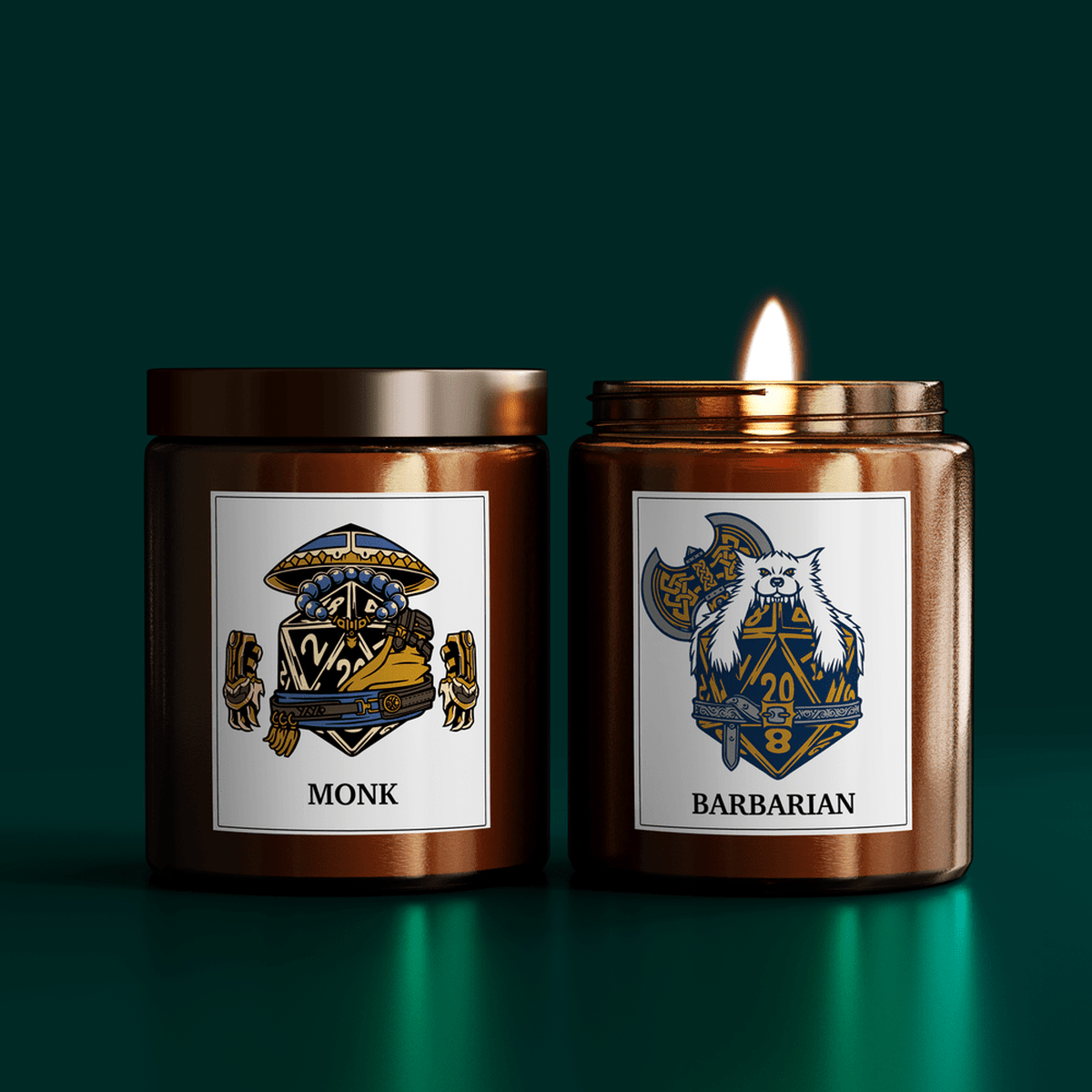 Two DnD scented candles are displayed side-by-side, one labeled "Monk" and the other "Barbarian," each featuring custom class illustrations and a D20 die.