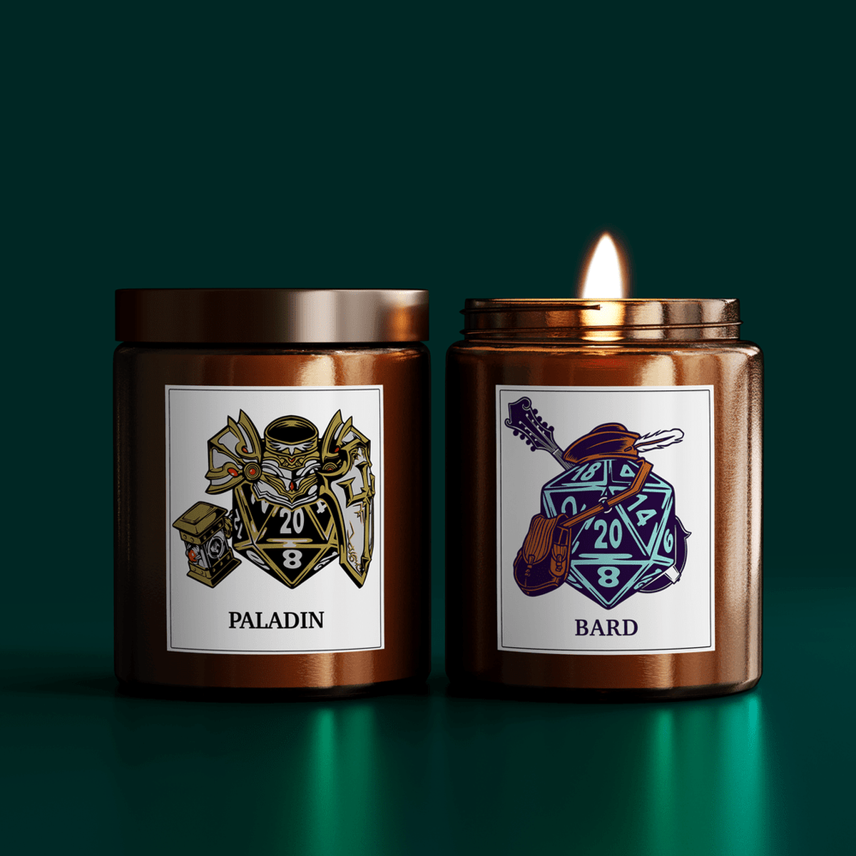 Two DnD scented candles are displayed side-by-side, one labeled "Paladin" and the other "Bard," each featuring a decorative illustration of dice and class-related items on their labels.