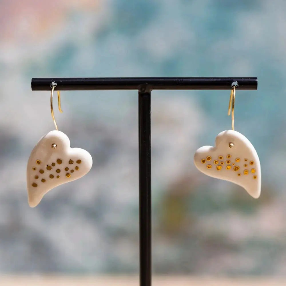 Porcelain Fancy Heart Dotted Earrings on Gold Plated Hooks