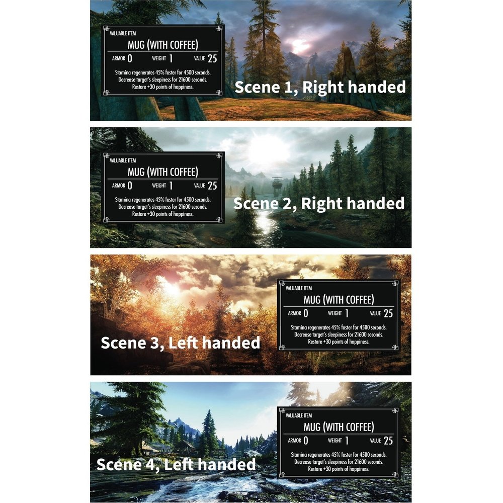 The image shows a Skyrim coffee mug mockup featuring an item card labeled "Mug (with Coffee)" superimposed over various landscapes from the Elder Scrolls video game.