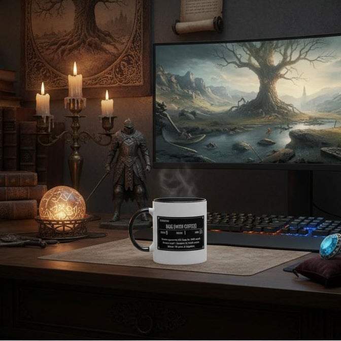 Skyrim Mug (With Coffee) on an imaginary gaming desk with candles and magick items