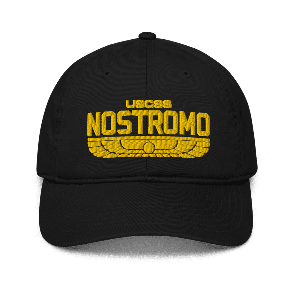 A black baseball cap features an embroidered yellow Wings Style logo displaying "NOSTROMO" and "USCSS" referencing the Alien USCSS Nostromo.