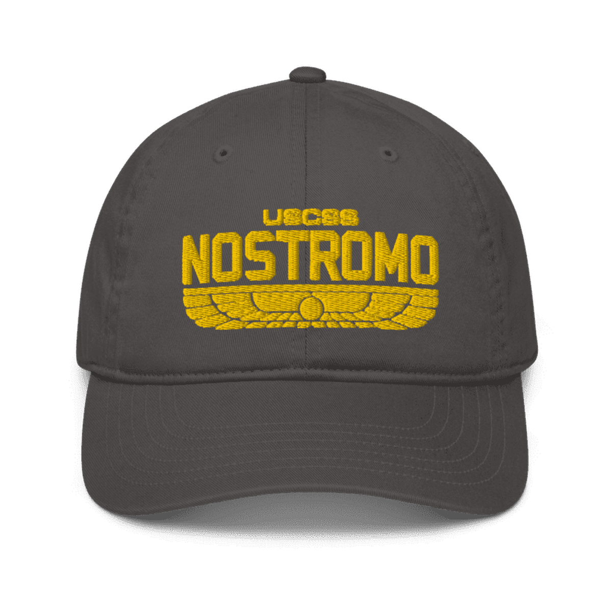 A gray baseball cap features an embroidered "USCSS Nostromo" logo with a wings-style design, referencing the Alien franchise and Weyland-Yutani brand.