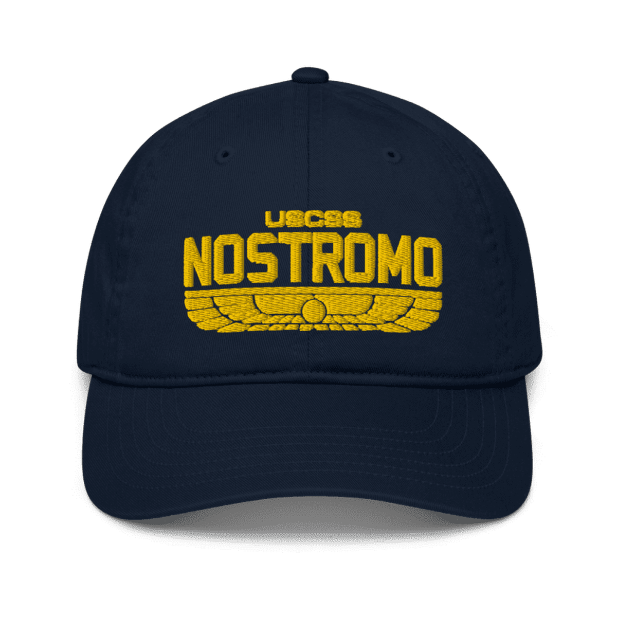 A navy blue baseball cap features an embroidered yellow "USCSS Nostromo" logo with a wings style design referencing the Alien franchise and Weyland-Yutani brand.