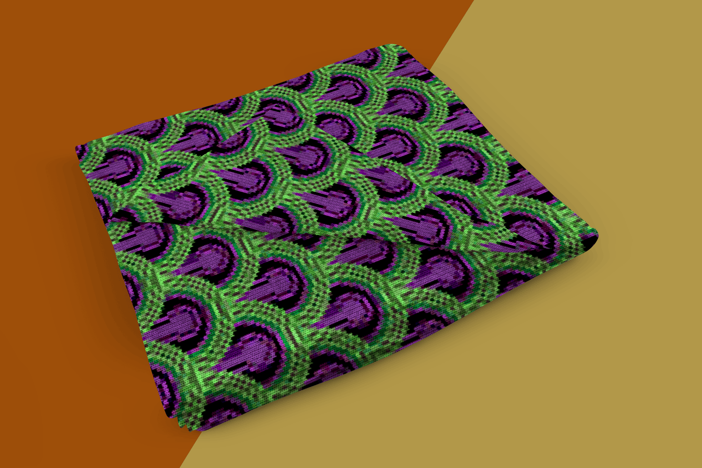 Folded Room 237 wallpaper pattern knitted with green and purple design on a two-tone brown background