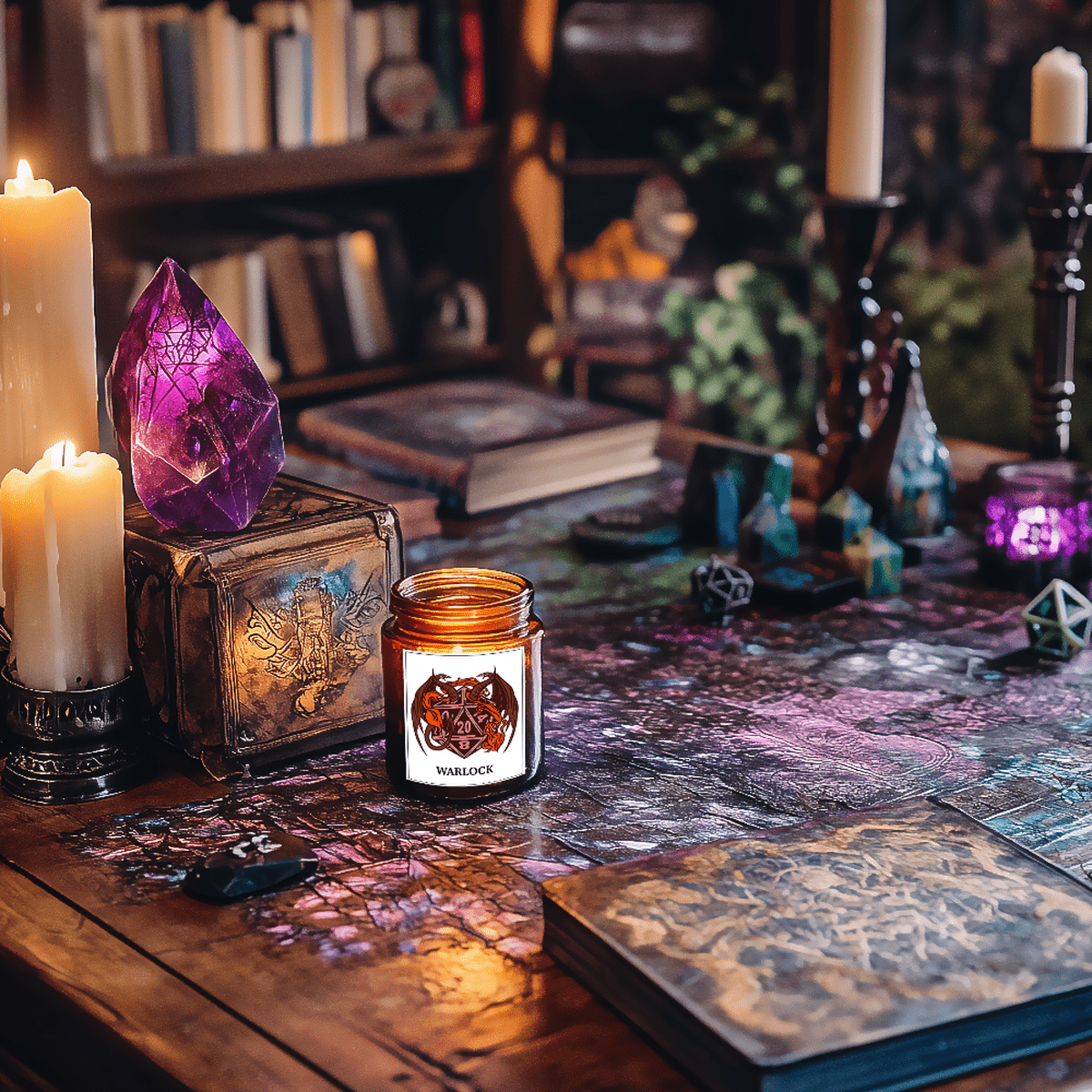 A DnD scented candle labeled "Warlock" sits on a tabletop surrounded by books, dice, crystals, and lit candles creating a fantasy atmosphere.