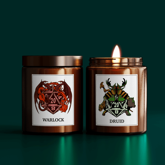 Two DnD scented candles are displayed side-by-side; one labeled "Warlock" features a dragon illustration and the other labeled "Druid" depicts an antlered creature, both incorporating a D20 die design.