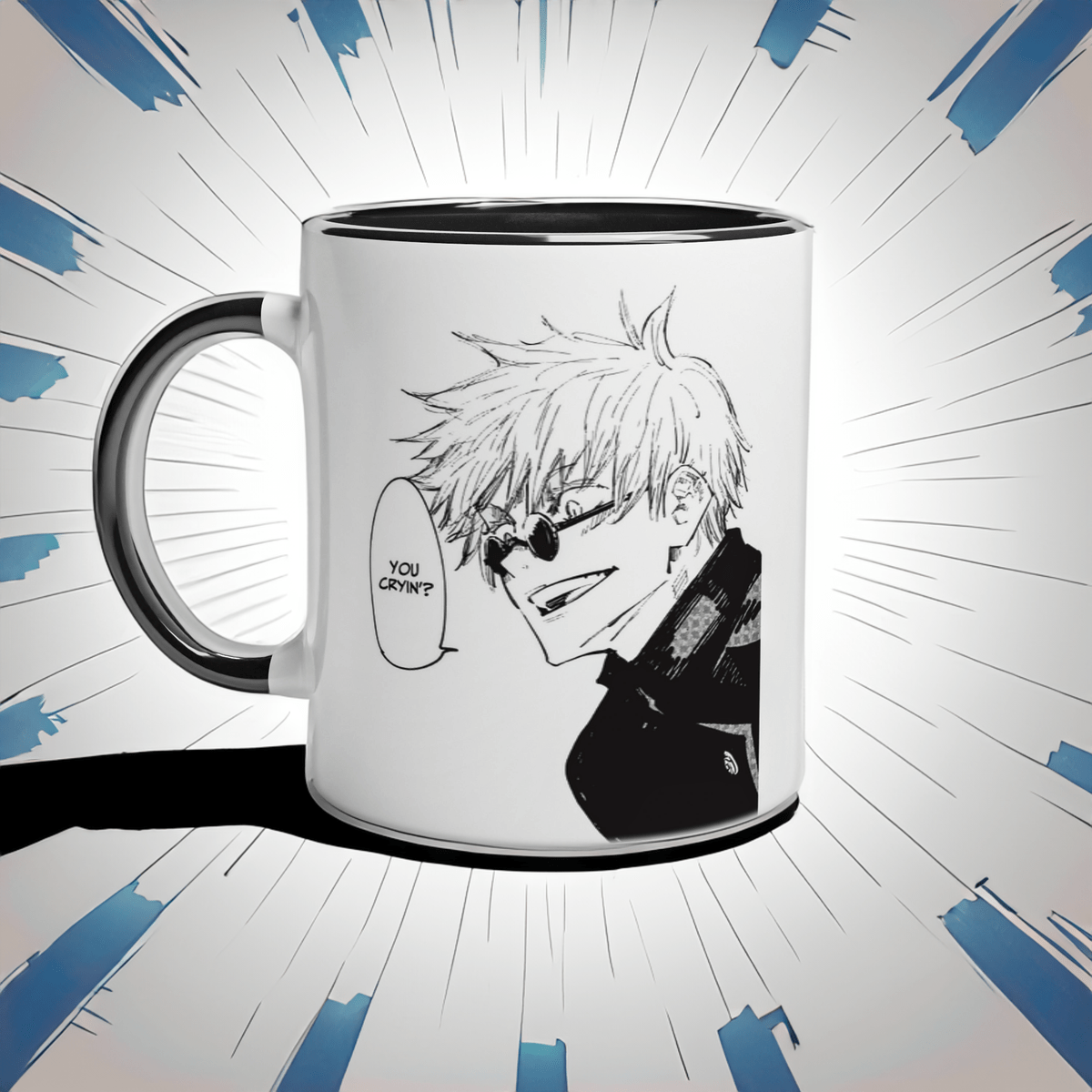 A black and white ceramic mug depicts a manga panel of Satoru Gojo from Jujutsu Kaisen with the text "You Cryin'?