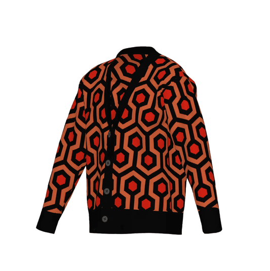 Overlook Hotel carpet pattern, orange red and black knitted cardigan on white background