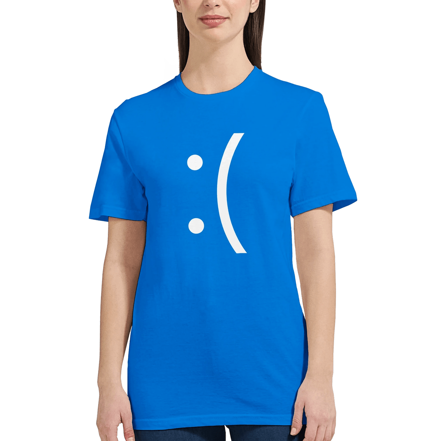A woman wearing a blue ladies fit tee displays a white sad face icon referencing the Blue Screen of Death error from Windows.