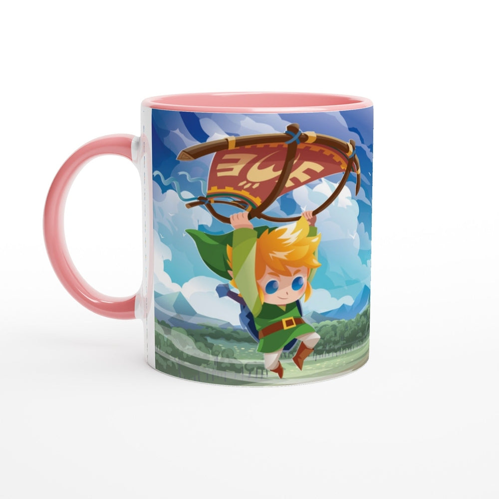 A ceramic mug displays a chibi Link from The Legend of Zelda soaring through a Hyrule landscape using a paraglider.