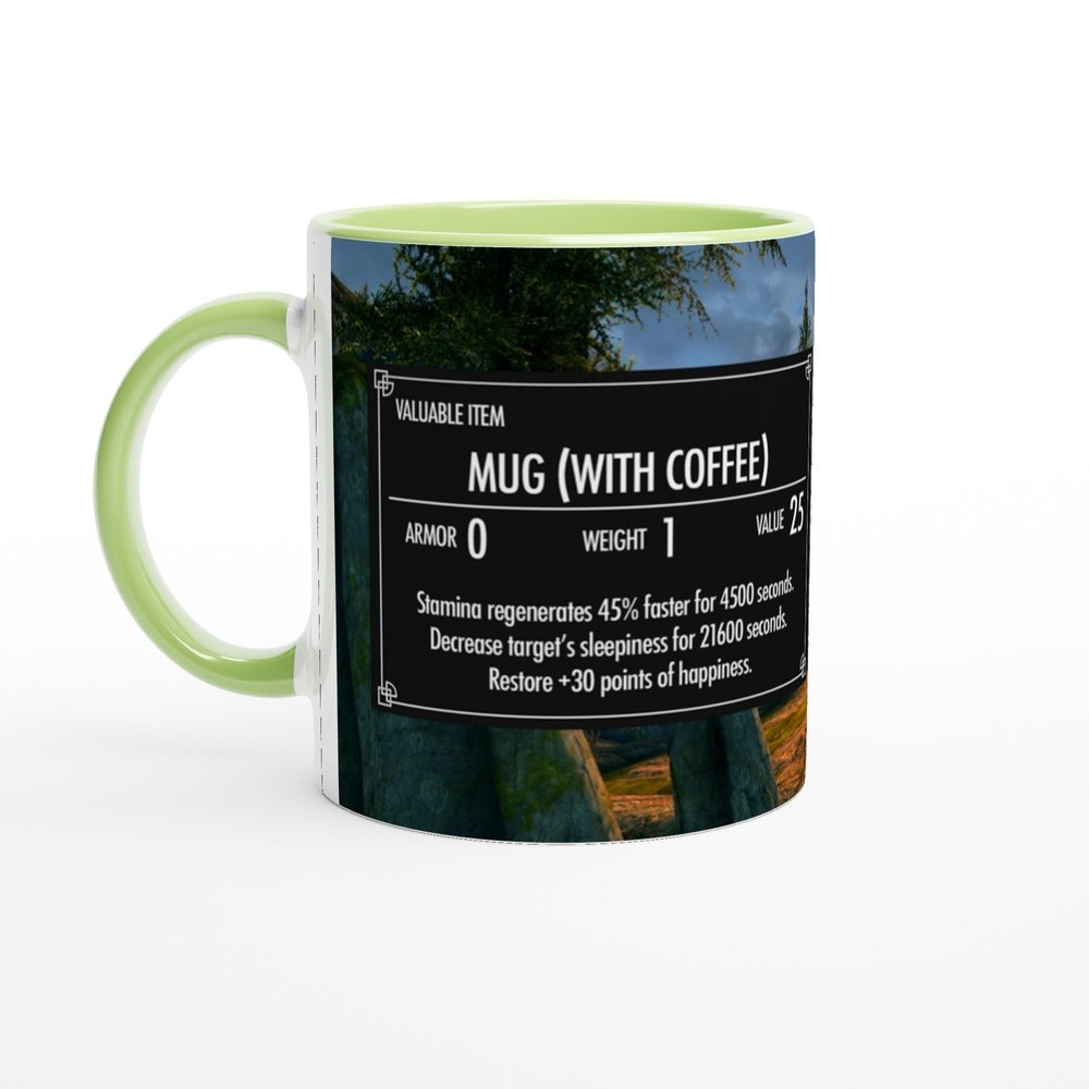 A Skyrim coffee mug displays a "Valuable Item" label with game statistics and an outdoor landscape scene from the Elder Scrolls video game.