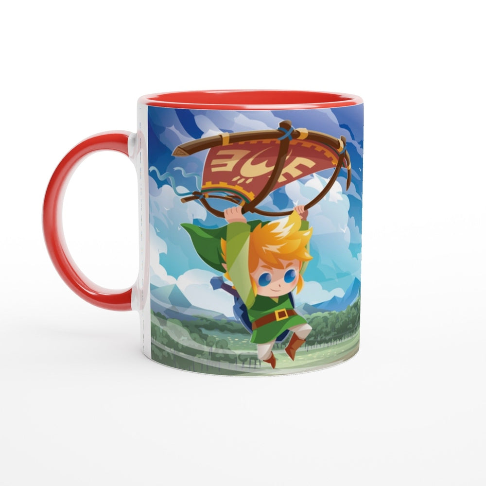 An 11oz mug depicts a chibi Link from The Legend of Zelda soaring through a Hyrule landscape while paragliding, featuring the Triforce symbol.