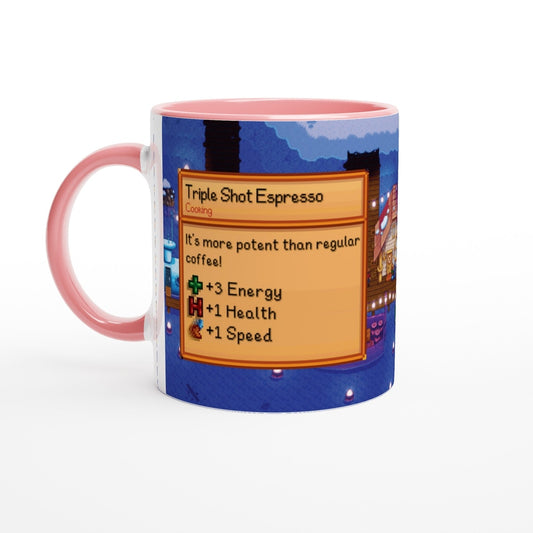 A Stardew Triple Shot Espresso mug features a recipe card design from the computer game Stardew Valley, displayed on its surface alongside a pink handle.