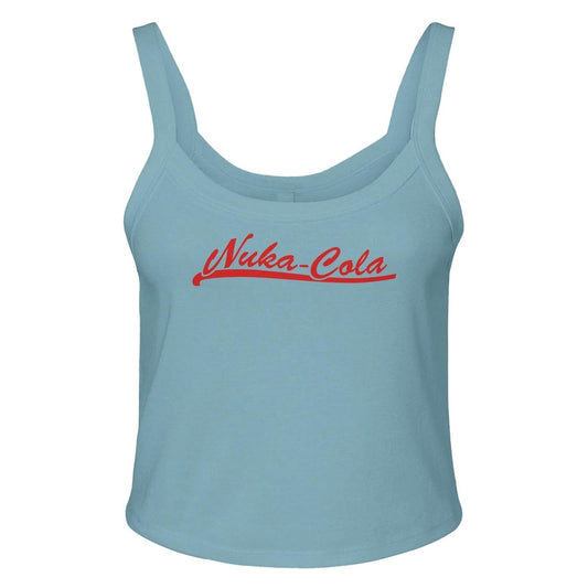 A light blue tank top displays a red "Nuka-Cola" logo referencing the Fallout video game series.