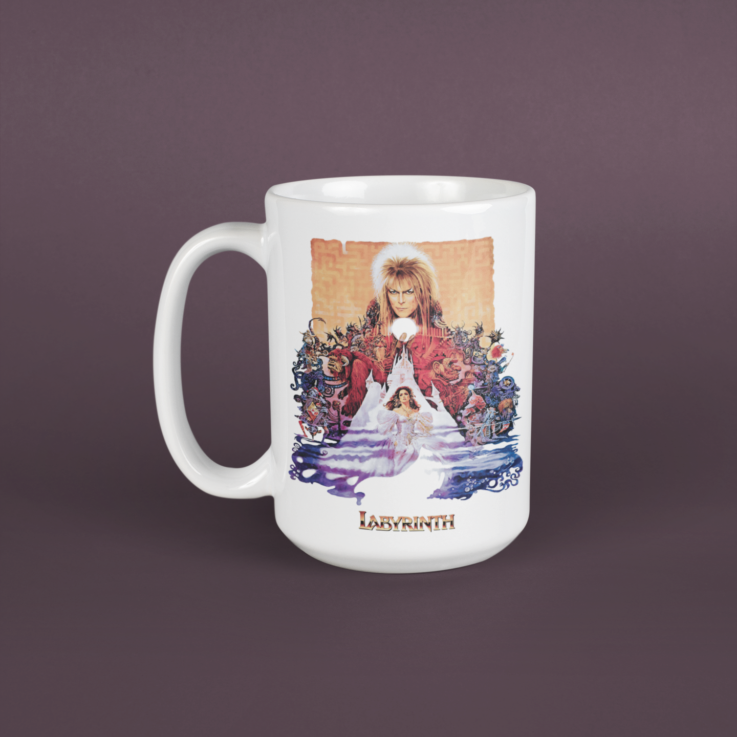 White mug with 'Labyrinth' design featuring Jareth and scenic elements on a dark purple background.