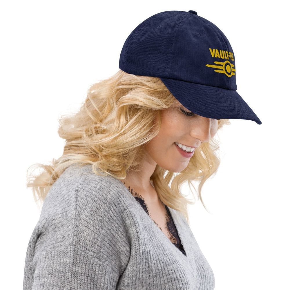 Vault-Tec Baseball Cap | Fallout Embroidered Hat | Custom Vault Number | Blue and Yellow Dad Hat | Cotton or Corduroy