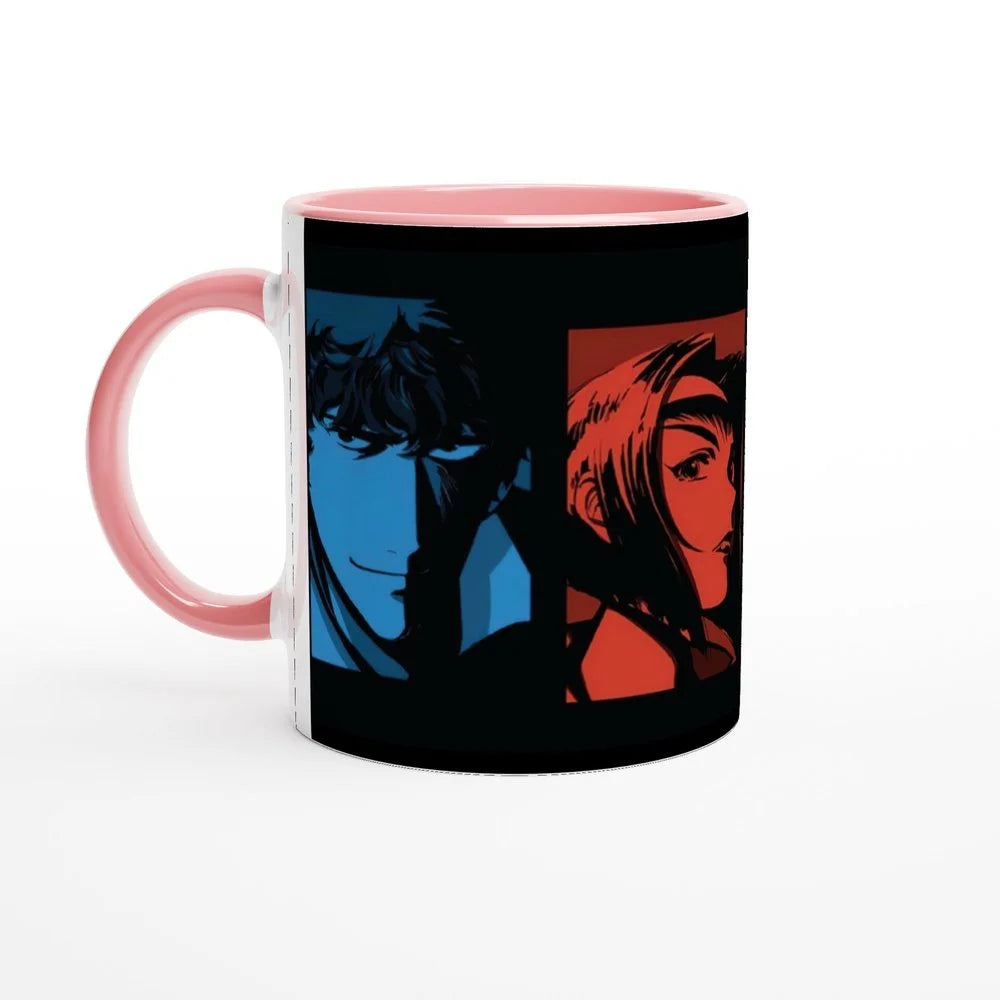 This Cowboy Bebop anime mug features colourful illustrations of two original series characters set within blue and red squares.