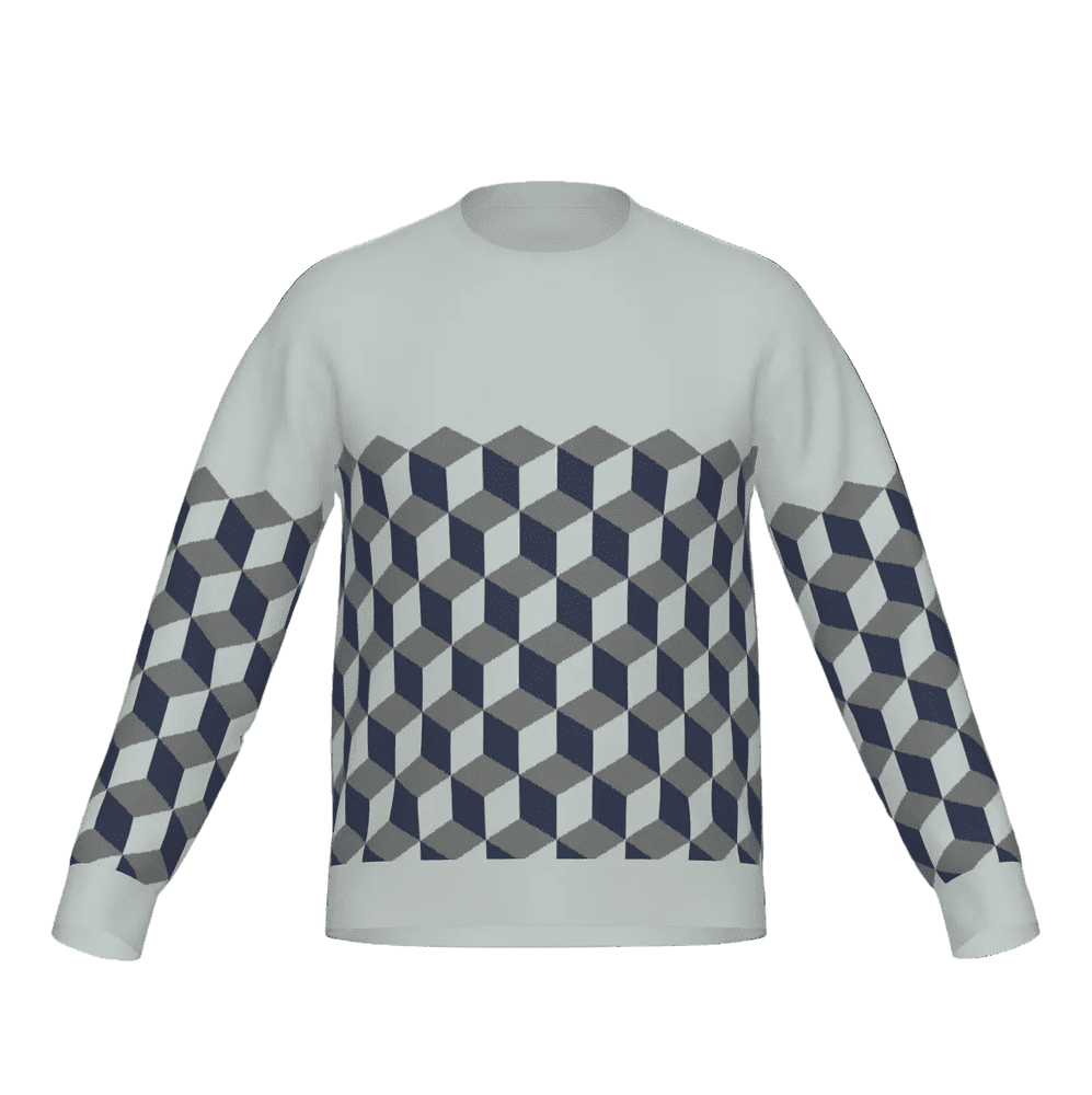 Pale Blue sweater with geometric cube pattern in blue and grey on a white background
