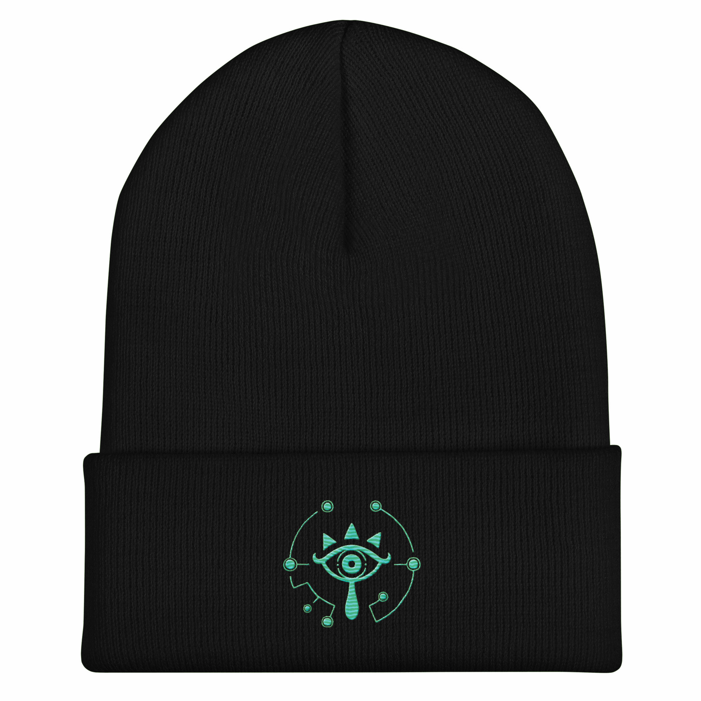 A black knitted beanie features a glow-in-the-dark embroidered Sheikah eye design inspired by Tears of the Kingdom.