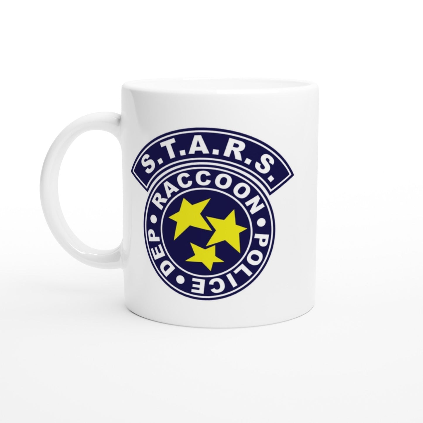 White mug with S.T.A.R.S. Raccoon Police Department logo on a white background
