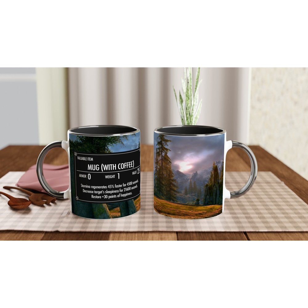 An 11oz Skyrim coffee mug features a landscape scene on one side and game stats related to "Mug (with Coffee)" on the other.