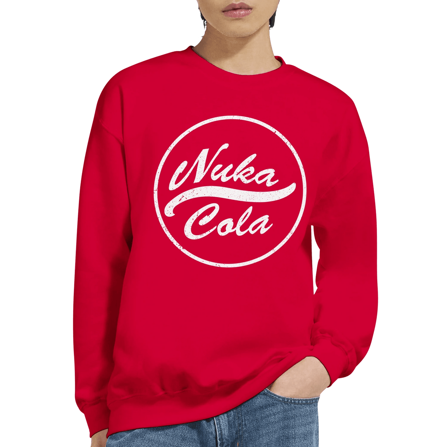 Red sweatshirt with 'Nuka Cola' logo worn by a person on a white background