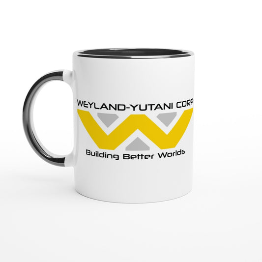 A white mug features the Weyland-Yutani Corporation logo and tagline "Building Better Worlds" in yellow and black lettering.