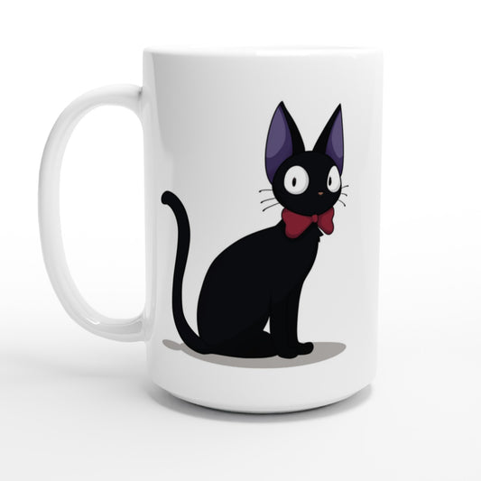 A white mug displays an illustration of Gigi the Cat, a black cat wearing a red bow tie, inspired by Studio Ghibli's Kiki's Delivery Service.