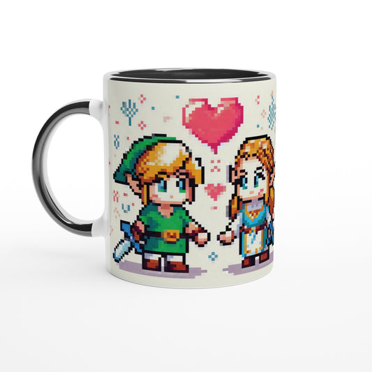 A white mug displays a chibi pixel art illustration of Link and Zelda from The Legend of Zelda standing close together beneath a large heart.