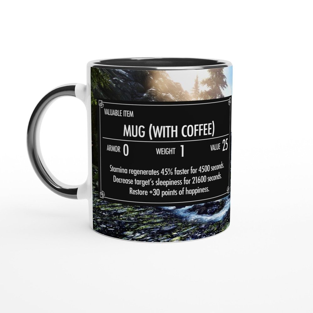This is an 11oz Skyrim coffee mug featuring a "Valuable Item" design from The Elder Scrolls video game, depicting a forest scene and item stats.