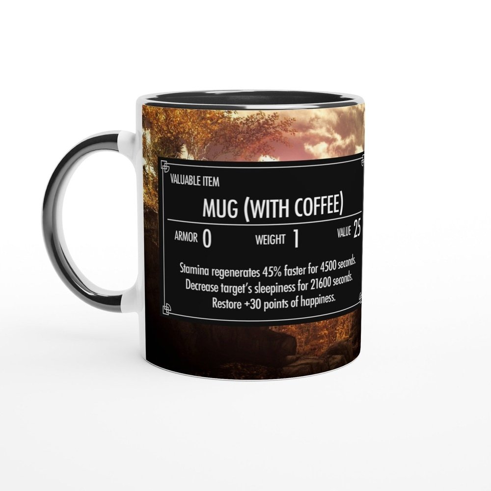 This 11oz Skyrim coffee mug features a graphic design resembling an Elder Scrolls game item card displaying "Mug (with Coffee)" and stats against a landscape background.