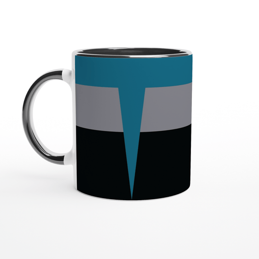 A white mug displays a design inspired by Star Trek DS9 uniforms featuring horizontal bands of black, gray, and teal colors with a triangular shape in teal.
