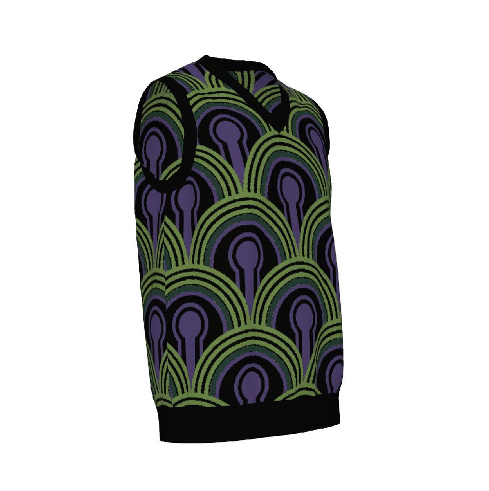 A v-neck knitted sweater vest featuring a purple, green, and black Room 237 wallpaper pattern inspired by horror films.