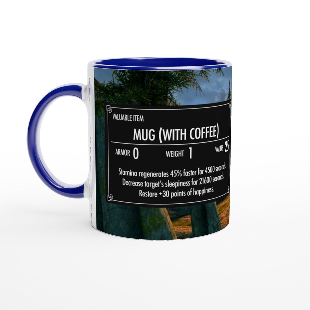 This 11oz Skyrim coffee mug features a design resembling an Elder Scrolls game item card displaying stats and graphics related to the video game.