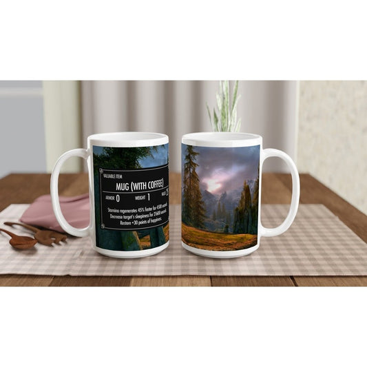 A white ceramic Skyrim coffee mug displays a landscape scene from the video game on one side and item details including "Mug (with Coffee)" on the other.