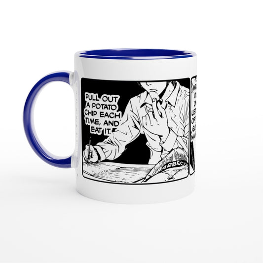 A black and white ceramic mug features an illustration from the Deathnote manga depicting Light Yagami reaching for a bag of potato chips with text reading "Pull out a potato chip each time, and eat it.