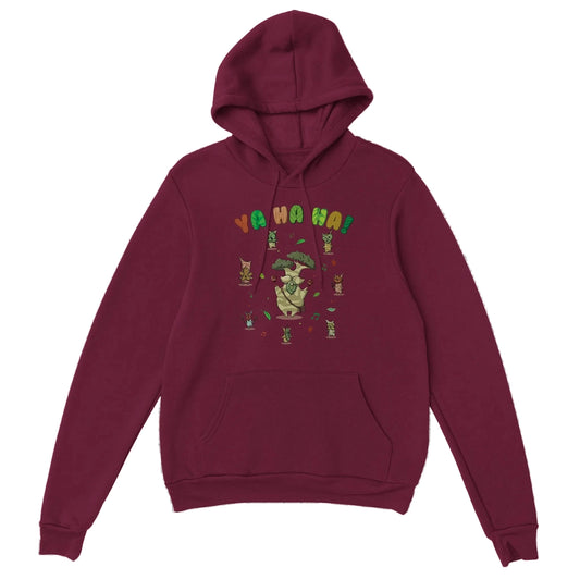 Maroon Zelda hoodie with a colorful Hestu and Koroks graphic design on a white background