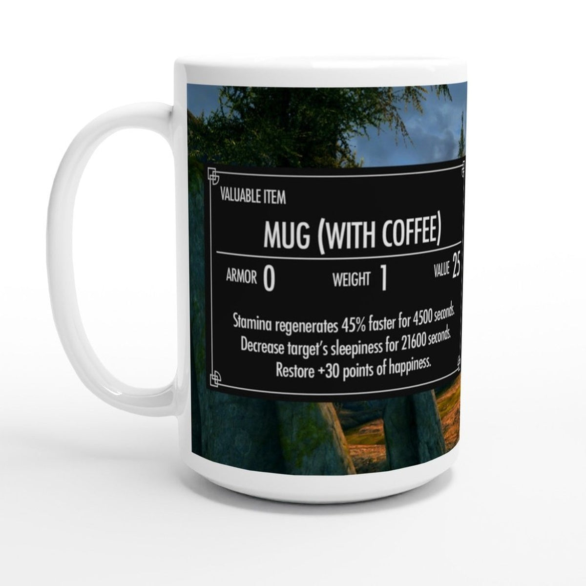 A white ceramic mug displays a "Valuable Item" graphic referencing the video game Skyrim and includes text describing its properties.