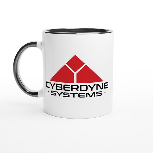 A white ceramic mug features the Cyberdyne Systems logo from the Terminator 2 movie in red and black lettering.