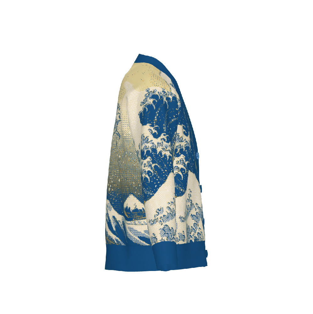 A side view of a custom knitted cardigan featuring a blue and white Great Wave Japanese art inspired design on a cream background.