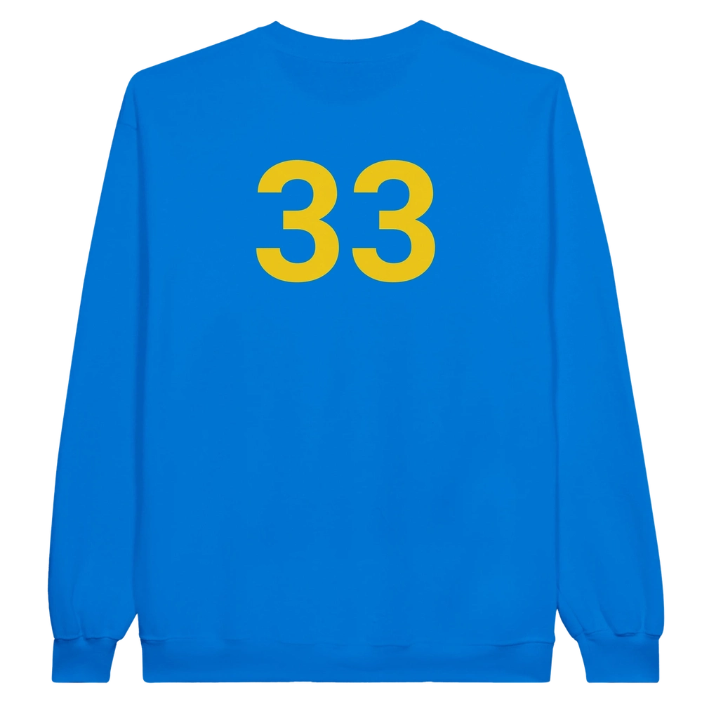 Blue sweatshirt with yellow number 33 on the back against a white background