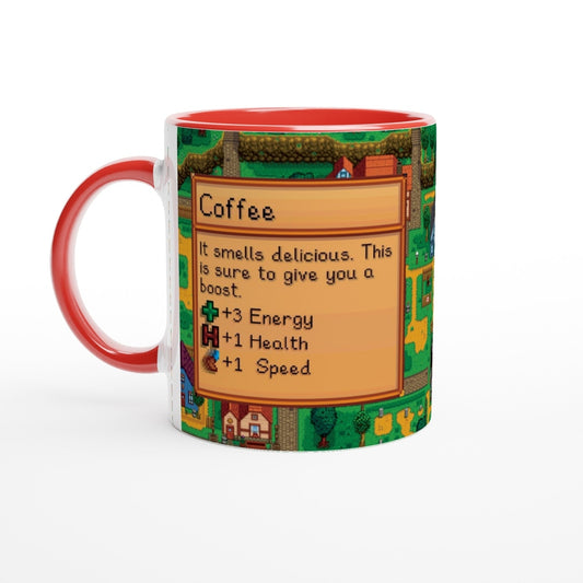 A Stardew Valley coffee mug features a pixelated background depicting a village scene and displays "Coffee" along with stats for energy, health, and speed.