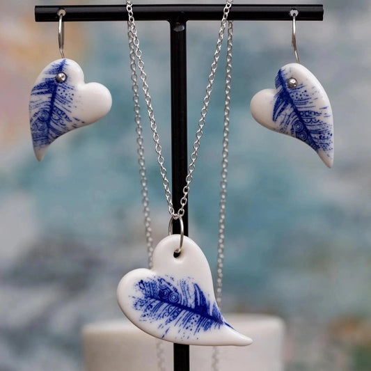 Porcelain Heart with Blue Feather Design Earrings & Pendant Set