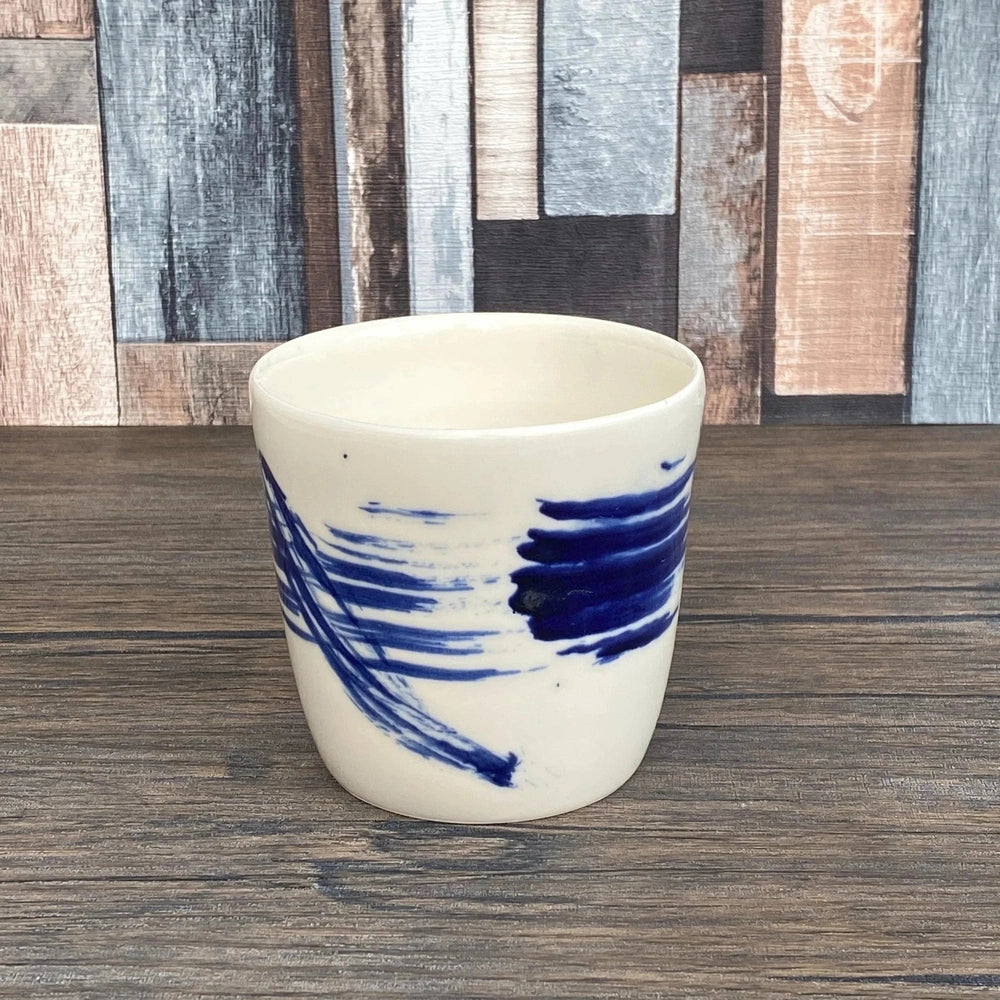 Unique Porcelain Tumblers | Abstract Blue Brushstroke Design | Modern Chinoiserie Coffee, Tea or Water Mug